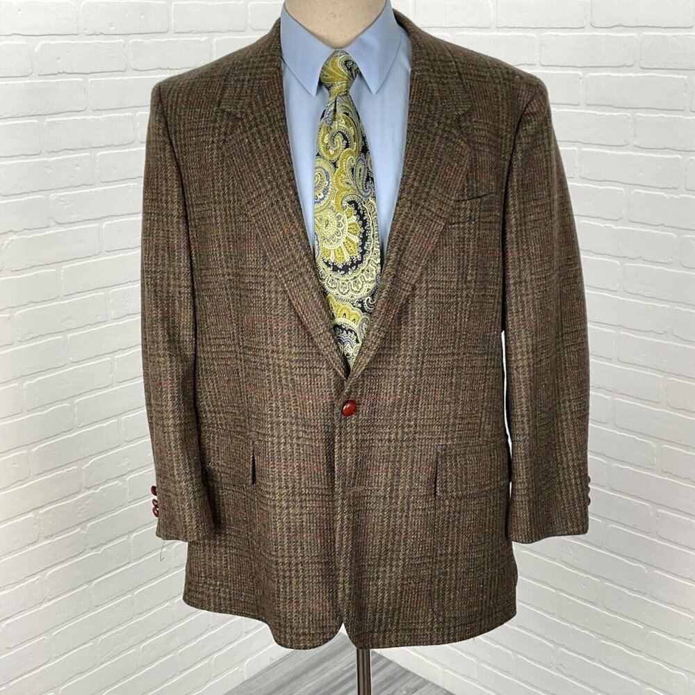 Unbranded Blazer Men 44 Brown Red‎ Plaid Tweed 1 Button Wool VTG Hungary